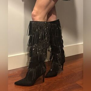 Black Fringe Knee-High Boots